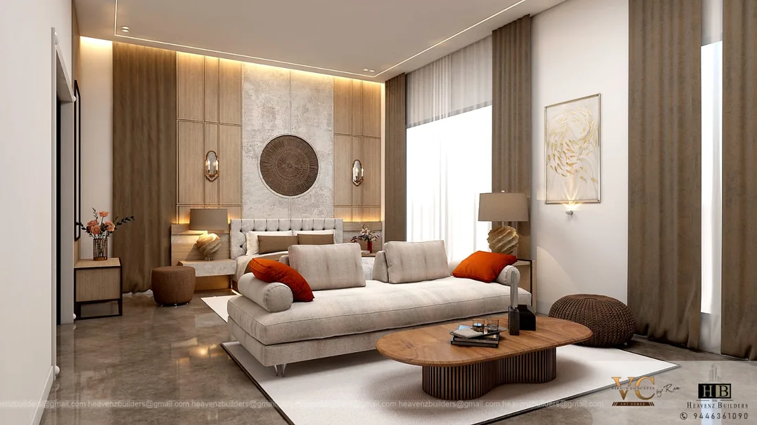 Contemporary living room design with neutral seating, a feature wall and warm lighting