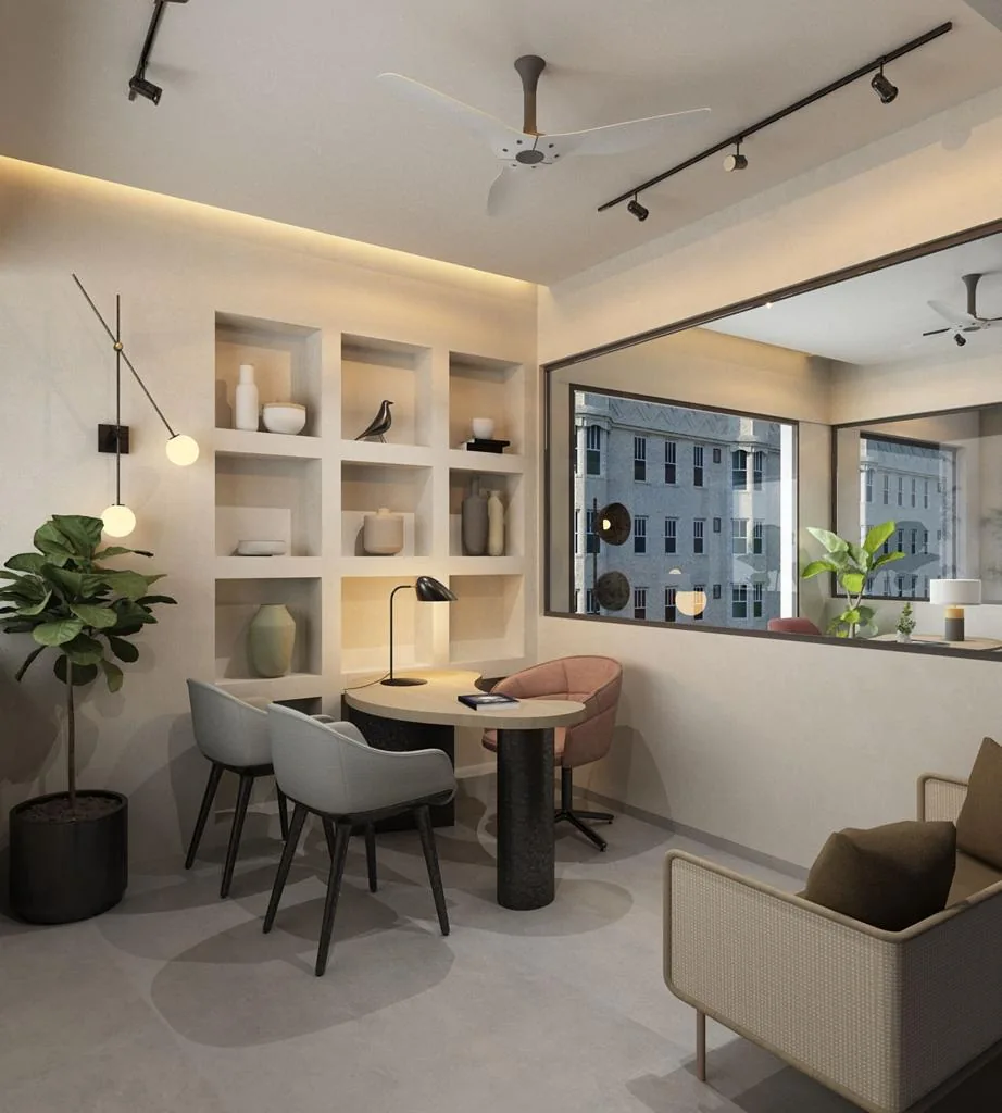Dining and study corner with storage shelves, pendant lights and a coordinated neutral palette