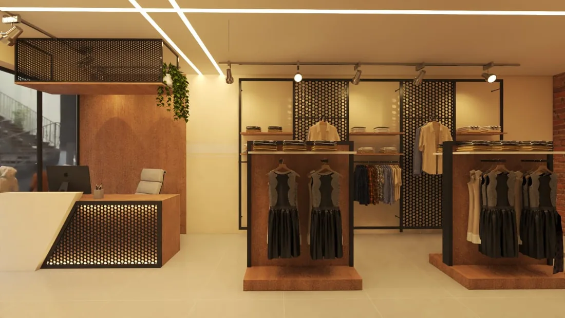Fashion retail interior with garment displays, timber details and linear lighting