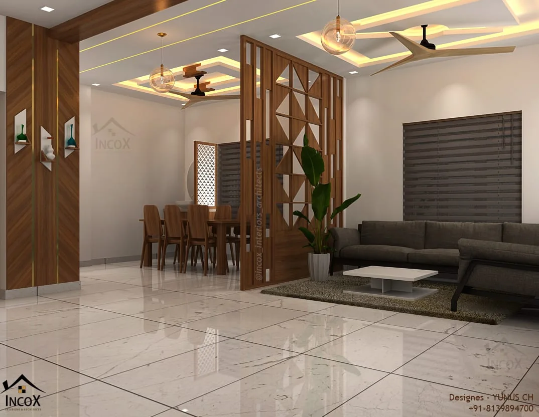Home foyer with a timber partition, polished floor and recessed ceiling lights