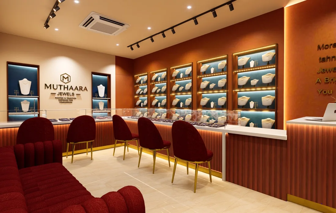Jewellery showroom display counters with red seating, warm lighting and wood finishes