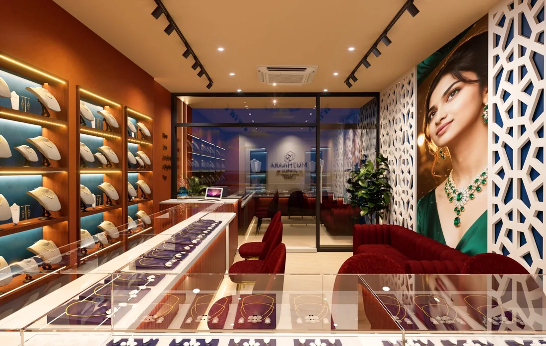 Jewellery showroom with illuminated display cabinets, warm ceiling lighting and a clear central aisle