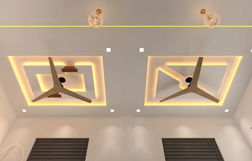 Recessed ceiling design with warm cove lighting, suspended lights and ceiling fans