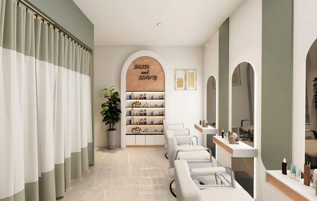 Salon interior with arched mirrors, display shelves, styling chairs and natural tones
