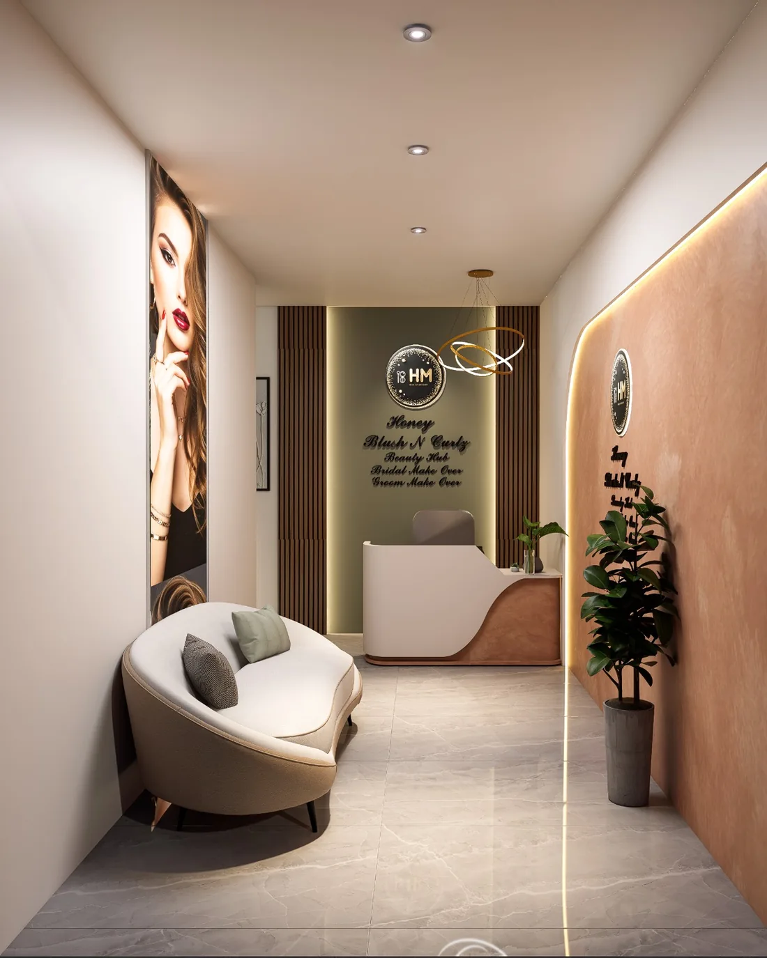 Salon reception and waiting area with soft pink walls, a reception desk and curved details