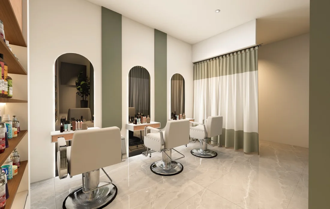 Salon styling area with mirrors, styling chairs, storage and floor-to-ceiling curtains