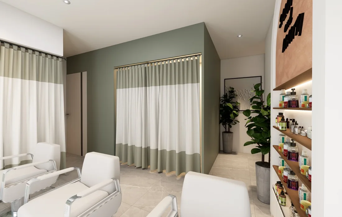 Salon treatment area with curtains, a treatment chair, storage and soft lighting