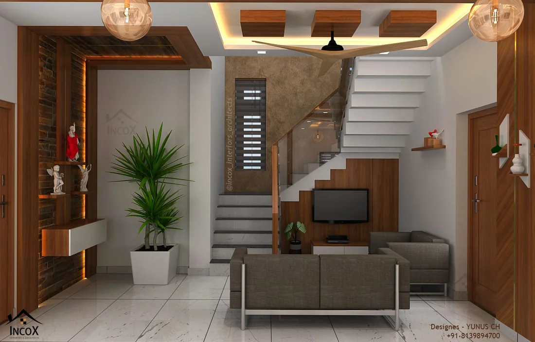 Living area with a staircase, timber panelling and a coordinated feature ceiling